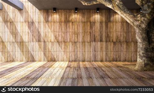 Illustration 3ds rendered, A big tree and wooden wall and floor