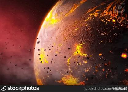 Illustration, asteroids around a young hot planet.. Illustration, asteroids around young hot planet.