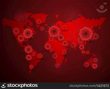 Illustration Background of Covid 19 map confirmed cases report worldwide globally. Coronavirus disease situation update worldwide in 2020. Maps show where the coronavirus has spread on red background,vector illustration
