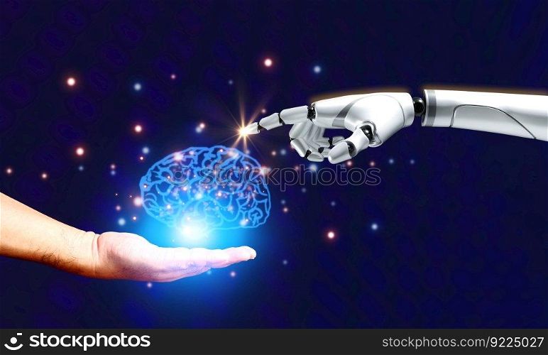 illustration brain on human hand with 3D robotic hand . AI  enhances and replaces complex workflows, technology concept