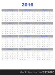 Illustration Calendar 2016 with 12 months.