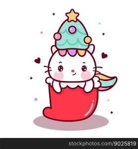 Illustration cute cat vector wear tree hat in Christmas Sock Happy New year