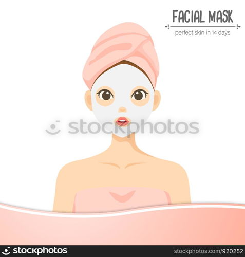 Illustration cute character facial mask isolated on white background with pink label. Treatments. beauty perfect skin.