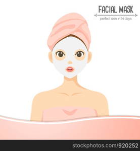 Illustration cute character facial mask isolated on white background with pink label. Treatments. beauty perfect skin.