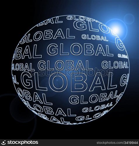 Illustration depicting a black sphere with the words &rsquo;global&rsquo; arranged over the entire shape. Black Background and blue filter.