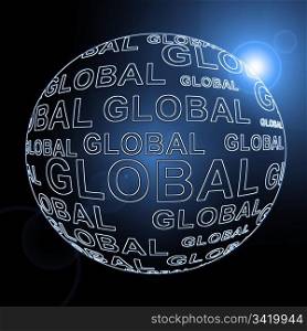 Illustration depicting a black sphere with the words &rsquo;global&rsquo; arranged over the entire shape. Black Background and blue filter.