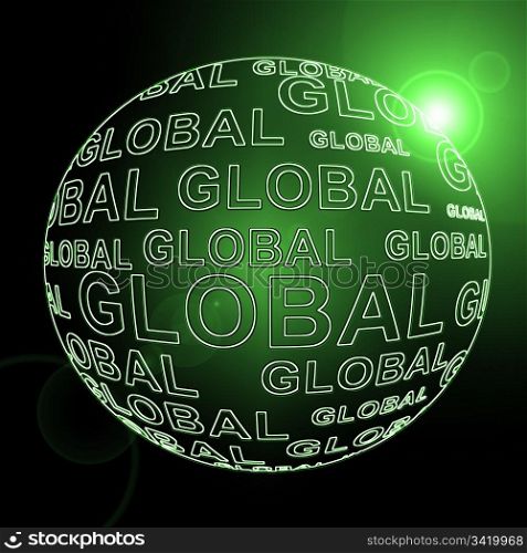 Illustration depicting a black sphere with the words &rsquo;global&rsquo; arranged over the entire shape. Black background and green filter.