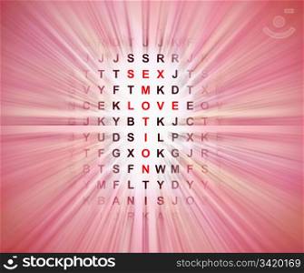 Illustration depicting a blurred wordsearch with centre focus revealing relationship concept words in red.