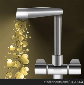 Illustration depicting a chrome water tap with metallic gold love hearts flowing from the spout against a dark background.