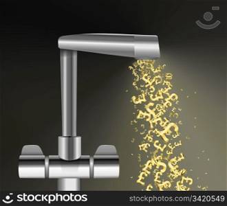Illustration depicting a chrome water tap with metallic gold UK Pound Signs flowing from the spout against a dark background.