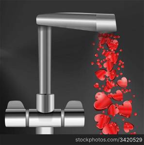 Illustration depicting a chrome water tap with metallic red love hearts flowing from the spout against a dark background.