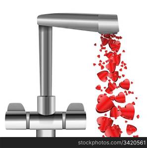 Illustration depicting a chrome water tap with metallic red love hearts flowing from the spout against a white background.