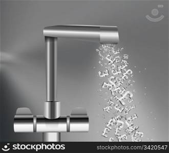 Illustration depicting a chrome water tap with metallic UK Pound Signs flowing from the spout against a grey background.