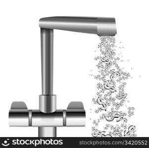 Illustration depicting a chrome water tap with metallic US Dollar Signs flowing from the spout against a white background.