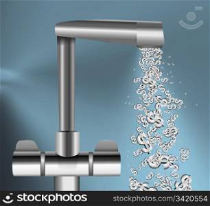 Illustration depicting a chrome water tap with metallic US Dollar Signs flowing from the spout against a blue background.