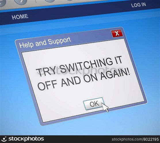 Illustration depicting a computer dialog box with a switch it off and on again message concept.