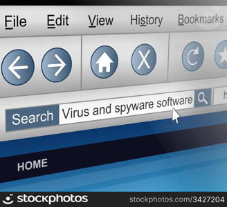 Illustration depicting a computer screen shot with an antivirus software search theme.