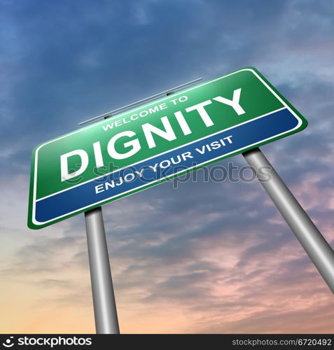 Illustration depicting a green and blue roadsign with a dignity concept. Dark sunset with clouds background.