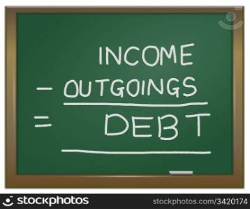 Illustration depicting a green chalk board with the words &rsquo;income - outgoings = debt&rsquo; written on it in white chalk.