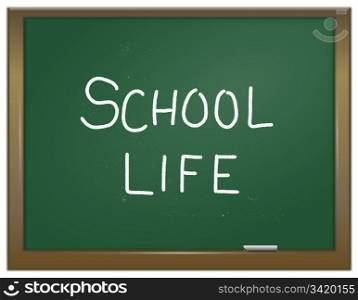 Illustration depicting a green chalk board with the words &rsquo;school life&rsquo; written on it in white chalk.