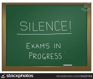 Illustration depicting a green chalk board with the words &rsquo;silence exam in progress&rsquo; written on it in white chalk.