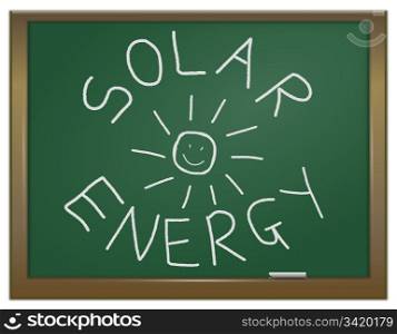 Illustration depicting a green chalk board with the words &rsquo;solar energy&rsquo; arranged around a sun written in white chalk.