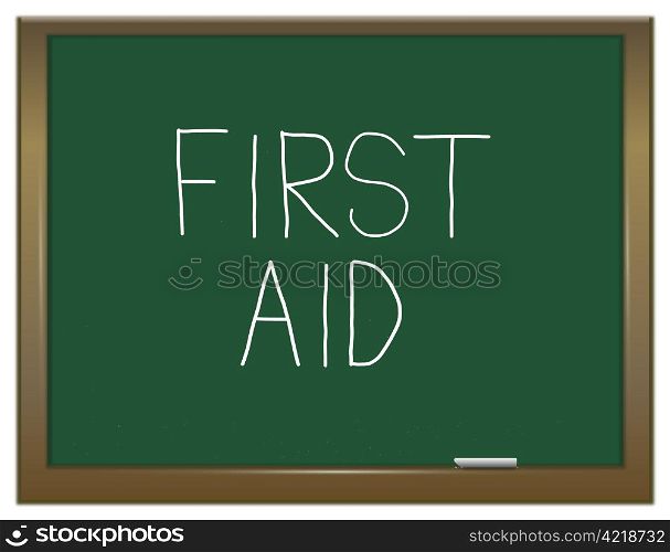 Illustration depicting a green chalkboard with a first aid concept written on it.