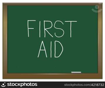Illustration depicting a green chalkboard with a first aid concept written on it.