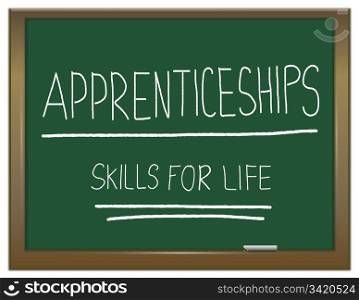 Illustration depicting a green chalkboard with APPRENTICESHIP SKILLS FOR LIFE written on it in white.