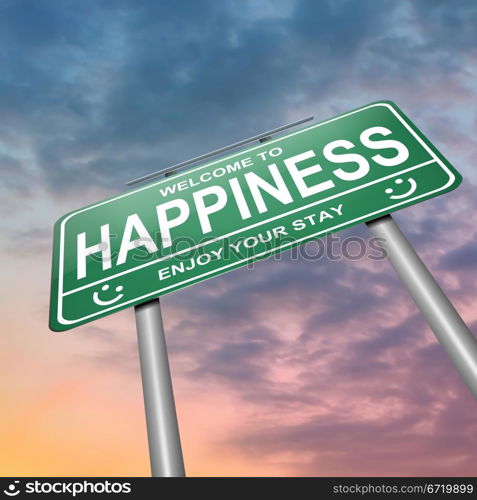 Illustration depicting a green roadsign with a happiness concept. Clouds and sunset sky background.