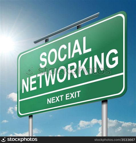 Illustration depicting a green roadsign with a social networking concept. Blue sky background.