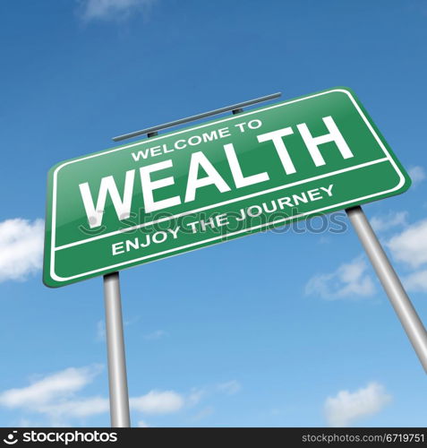 Illustration depicting a green roadsign with a wealth concept. Blue sky background.