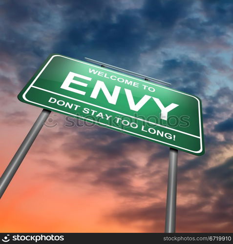 Illustration depicting a green roadsign with an envy concept. Dramatic sky background.