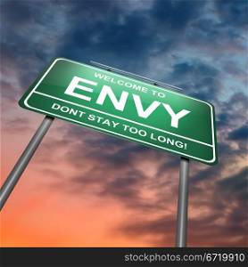 Illustration depicting a green roadsign with an envy concept. Dramatic sky background.