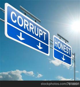 Illustration depicting a highway gantry sign with a corrupt or honest concept. Blue sky background.