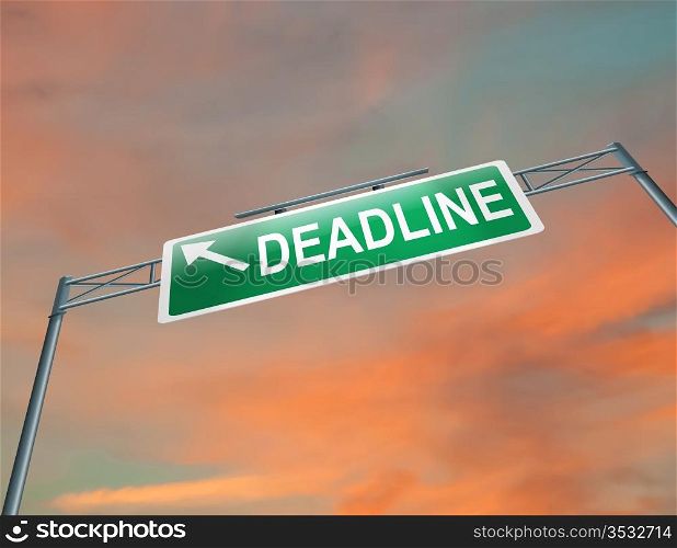 Illustration depicting a highway gantry sign with a deadline concept. Sunset sky background.