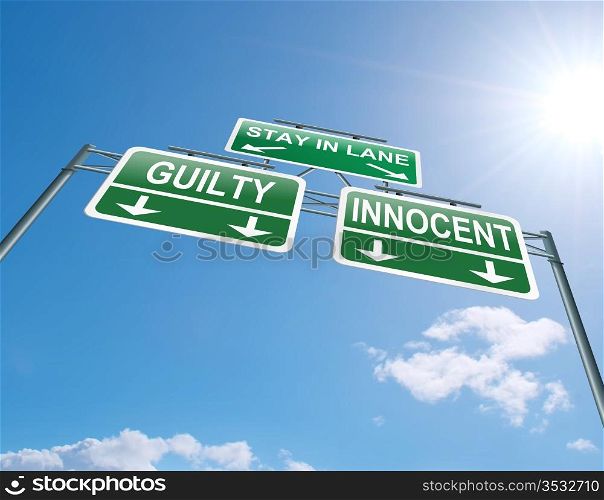 Illustration depicting a highway gantry sign with a innocent or guilty concept. Blue sky background.