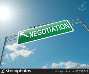 Illustration depicting a highway gantry sign with a negotiation concept. Blue sky background.