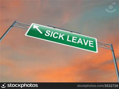 Illustration depicting a highway gantry sign with a sick leave concept. Sunset sky background.