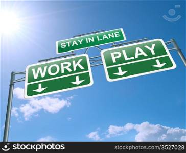 Illustration depicting a highway gantry sign with a work or play concept. Blue sky background.