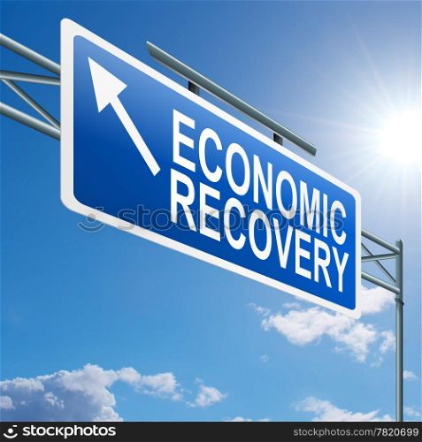 Illustration depicting a highway gantry sign with an economic recovery concept. Blue sky background.