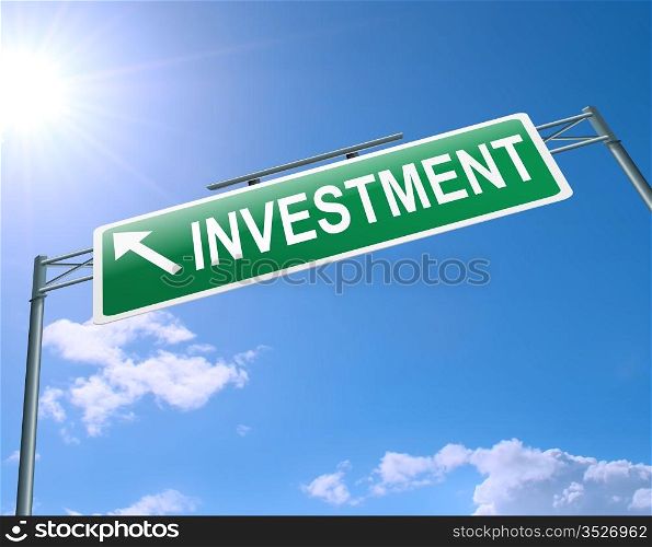 Illustration depicting a highway gantry sign with an investment concept. Blue sky background.