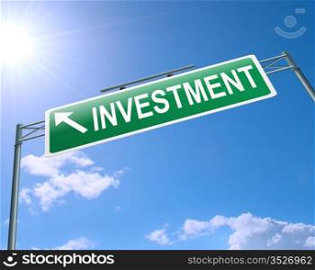 Illustration depicting a highway gantry sign with an investment concept. Blue sky background.