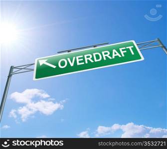 Illustration depicting a highway gantry sign with an overdraft concept. Blue sky background.