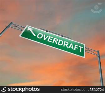 Illustration depicting a highway gantry sign with an overdraft concept. Sunset sky background.