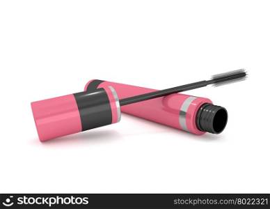 Illustration depicting a mascara and applicator arranged over white.