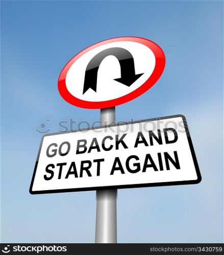 Illustration depicting a red and white road sign with a &rsquo;going back&rsquo; concept. Blue sky background.