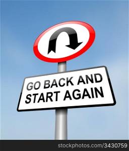 Illustration depicting a red and white road sign with a &rsquo;going back&rsquo; concept. Blue sky background.