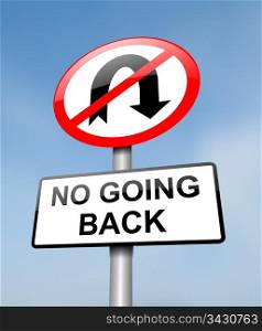 Illustration depicting a red and white road sign with a &rsquo;no going back&rsquo; concept. Blurred blue sky background.