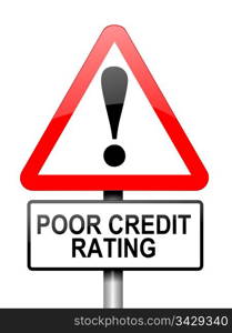 Illustration depicting a red and white triangular warning sign with a credit rating concept. White background.